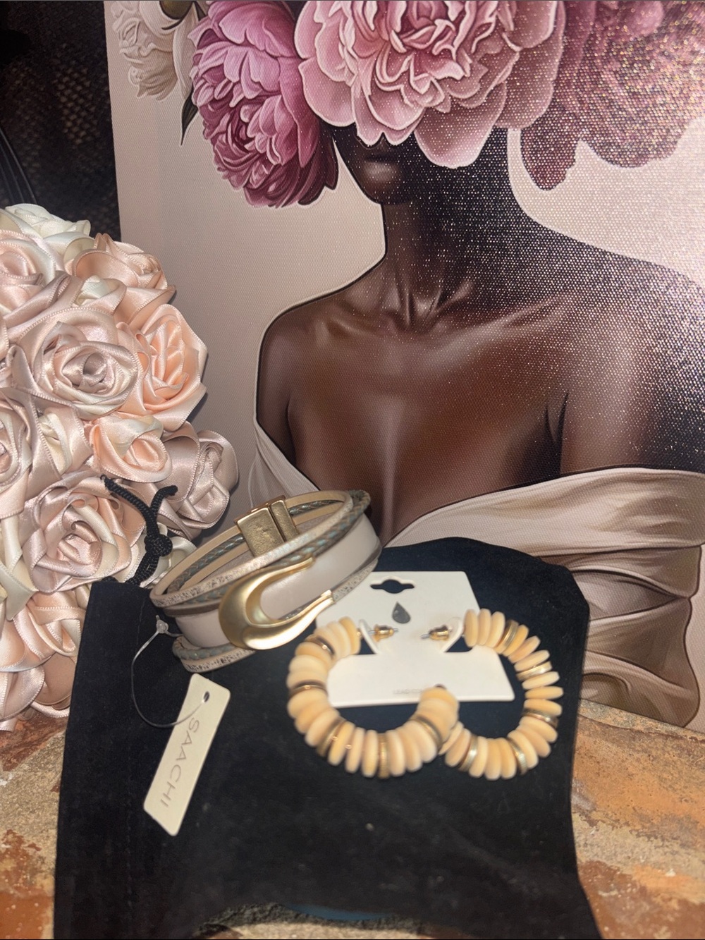 Beige Leather Wrap Bracelet with Gold Accent + Beige Hoop Shell Earrings